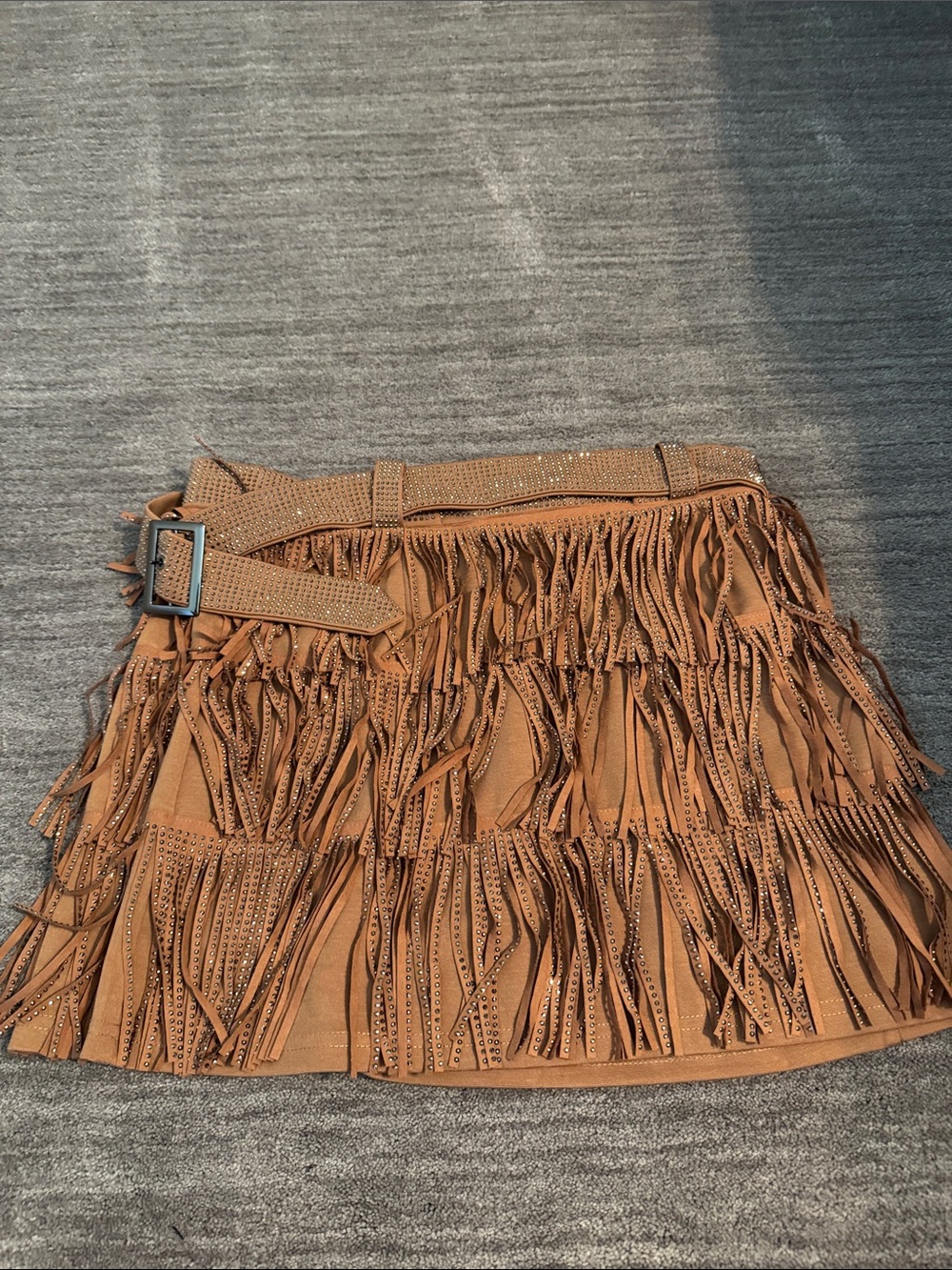 Fringed Brown Mini Skirt with Decorative Belt